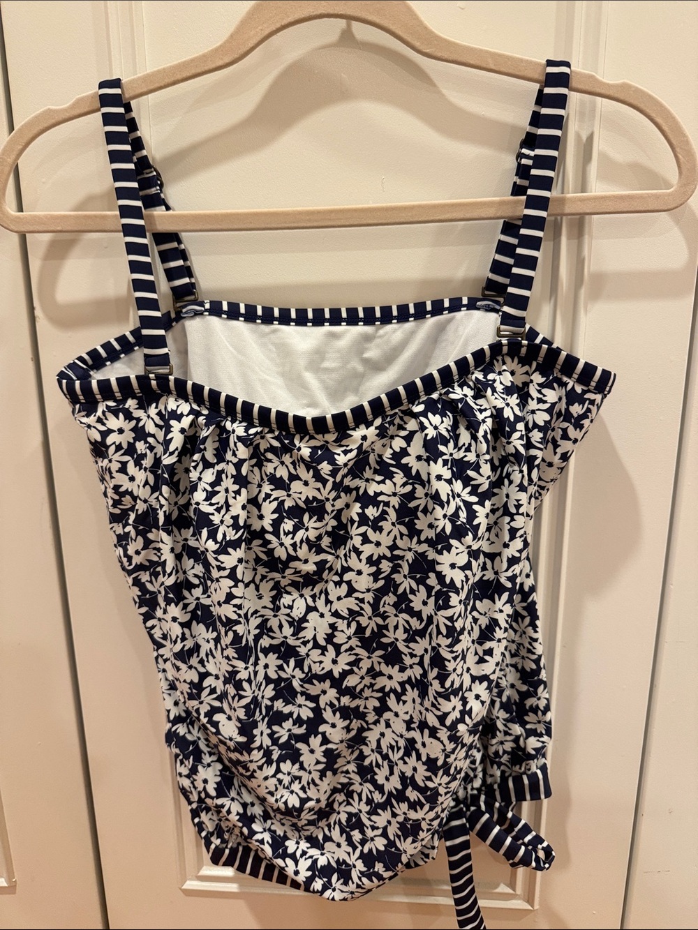 Navy & White Floral Swimsuit Top with Striped Trim